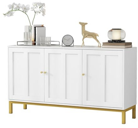 Azkoeesy Buffet 140 x 40 x 78 cm, buffet, meuble TV avec 3 portes et pieds en métal doré, plateau de table aspect marbre, pour salon, chambre à coucher, salle à manger (blanc)