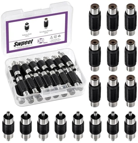 Swpeet 15Pcs Nickel Plated RCA Female to Female Coupler and 15Pcs RCA Male to Male Coupler Kit, RCA Audio Video Adapter, RCA Cable Extension Connector, RCA Adapter for Speaker, RCA Cable, Amplifier