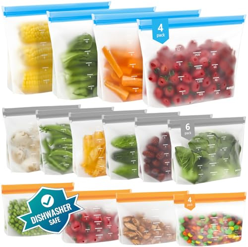 IDEATECH 14 Pack Dishwasher Safe Reusable Freezer Bags Silicone Stand Up BPA Free PEVA Leakproof Gallon Food Storage Ziplock Pouches Batch Cooking Sandwich Soup