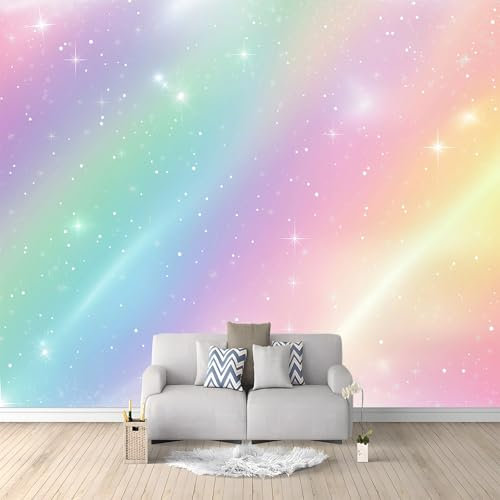 Wall Mural Wallpaper Fantasy Rainbow Stars Pattern Wall Decor for Living Room Bedroom Light Pink Background Print Wallpaper Mural for Children's Room Office Wall Non-Woven Wallpaper 200 x 140 cm
