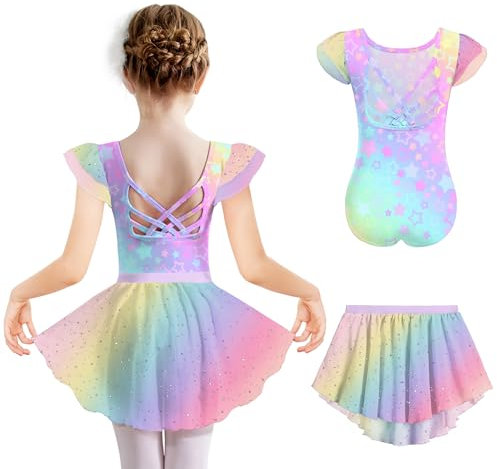 Arshiner Ropa De para Niñas Vestido De Ballet Arcoíris Vestido Baile Dos Piezas Algodón para Niños Malla Ballet Sin Espalda Traje Malla De Baile con Tutú 8-9 Años