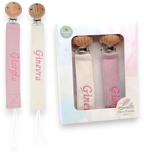 Filo e Poesia Schnullerkette mit Namen, personalisiert mit Namen bestickt, viele Modelle und Farben, Schnullerband zur Auswahl, tolle Geschenkidee für Babyparty, 2 Stück (Rosa-Beige)