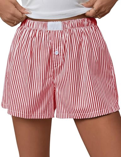 Rapbin Kurze Schlafhose Femme Karierte Schlafshorts mit Taschen und Kordelzug Schlafanzughosen für Damen Sommer Kurzer Pyjamahose, Rayures Rouges,XL