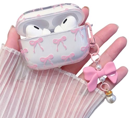 MINSCOSE Kompatibel mit AirPods Pro Klar Hülle,Niedliche Schleife Muster Kawaii Ribbon Mädchen Design mit Bogen Perle Schlüsselanhänger,Weiche TPU schützende stoßfeste Hülle für AirPods Pro-Rosa