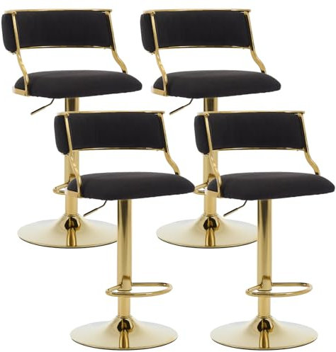 chairus Tabourets de Bar en Velours Lot de 4 Chaises de Bar Dorée Moderne, Chaise Haute Cuisine avec Repos Pied, Noir