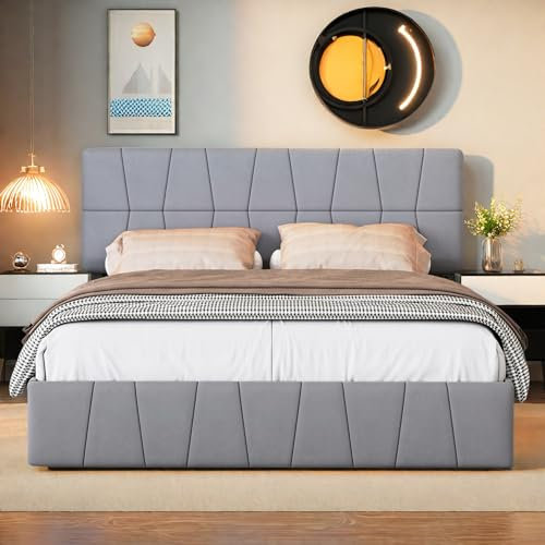 SHAODENG Doppelbett 180x200 cm, Polsterbett mit Stauraum und Lattenrost, Stauraumbett mit 4 Schubladen,Verstellbares Kopfteil, Funktionsbett Rückenlehne Bettgestell, Grau, Samt, Ohne Matratze