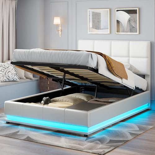 PerGar Polsterbett 140x190cm mit LED-Beleuchtung, Hydraulisches Funktionsbett mit Stauraum, weißes Kunstleder, Lattenrost Doppelbett, ohne Matratze, Komfortables Jugendbett