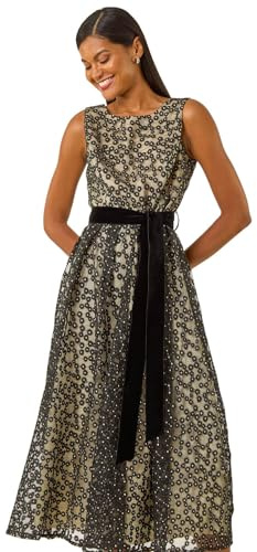 Roman Originals Lace Overlay Bow Detail Midi Dress for Women UK - Ladies Everyday Autumn Winter Round Neckline Comfy Soft Evening Vacation Work Party Night Out - Black - Size 20