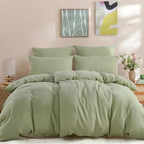 WONGS BEDDING Musselin Bettwäsche 135x200 Grün mit 80x80 Kissenbezug | 4 Teilig Bettwäsche 2er Set mit 2 Kissenbezüge 80x80 Falten Bettbezug Bügelfrei aus Weiche Mikrofaser mit Reißverschluss