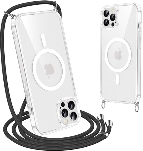 Olgary Coque pour iPhone 12 Pro Max avec Cordon de Collier, [Compatibel mit Magsafe] Noire Magnétique Antichoc Housse avec Corde Réglable Téléphone Étui Portable Lanyard Case-Noir