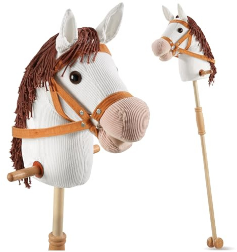 tectake® Steckenpferd mit kuscheligem Plüsch, Hobby Horse Pferde, Holzstab mit Doppelrolle, seitliche Griffe, 103 cm, Spielzeug, Spielpferd, Kinderspielzeug, Holzspielzeug, Motorikspielzeug - weiß