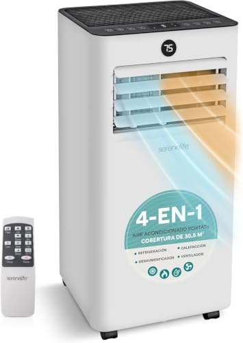 SereneLife Tragbare Klimaanlage, 9000 BTU, 2,34 kW, 4-in-1-Klimaanlage: Kühlung, Heizung, Ventilator und Luftentfeuchter, Fernbedienung,