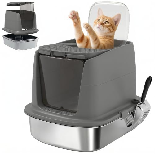 PawHut Stainless Steel Litter Box with Lid, Dark Grey | Large Hooded Cat Litter Tray with Flip Cover, Metal Scoop, Deodoriser Bag, Non-Sticky, Odour Control, Easy Clean
