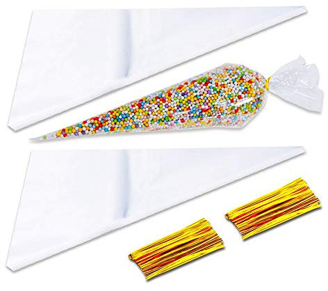 Spitztüten für Süßigkeiten 100 Stück Süßigkeitentüten Tüte Transparent OPP 170 x 370mm + 100 Stück Golden Bindestreifen Verschluss für Schokolade Bonbons Marshmallow Puffreis Plätzchen
