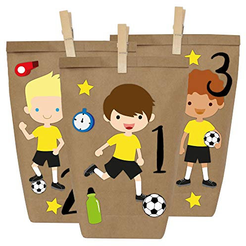 Papierdrachen DIY Adventskalender Kraftpapier Set - Fußballer (schwarz-gelb) zum Aufkleben - mit 24 braunen Papiertüten zum selbst Befüllen und zum Selbermachen - Weihnachten