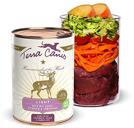 Terra Canis Light - Nourriture Humide pour Chien - Qualité Alimentaire Riche - avec gibier, Concombre et pêche - 400 g - Réduction en Calories et en Graisse - sans céréales et sans Gluten