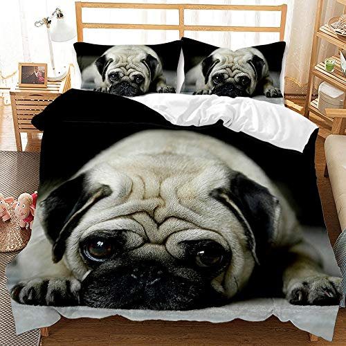 FANSU Bettwäsche-Set, Haustier Drucken Schlafzimmer Mikrofaser Bettwäsche Set 2/3 teilig - Kissenbezug + Bettbezug mit Reißverschluss Schließung (Mops,135x200cm)