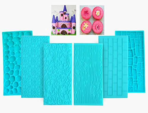 Comforty 6 Stück Prägematte Fondant, Fondant Glätter Set mit Ziegel-, Holz-, Blumen-, Kopfstein- und Kieselstein Designs - Perfekt für Kuchenumrandung, Cupcakes, Gebäck