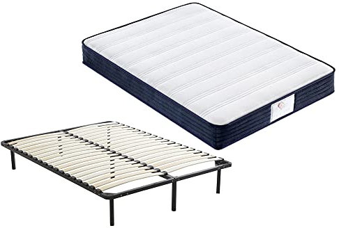 TEENO Ensemble Composè:Matelas a Memoire de Forme Matelas+Sommier à Lattes sur Pieds-7 Pieds Inclus (Ensemble 140x190, 22)