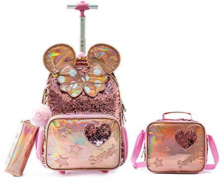 HTgroce Schultasche mit Rollen Kinder Mädchen Rucksack 16 inch Schulrucksack mit Rollen, 3 in 1 Büchertasche Set Perfekter Kinderrucksack für Mädchen Teenager Mickey.