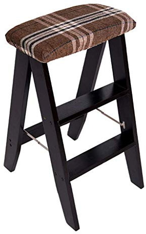 Sywlwxkq Folding Steps Folding Wooden Mini Step Ladder Stool Multifunction Kitchen Steps Library Office 3 Step (Brown Stripes) Removable Cushion (Color : BLACK)