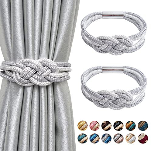 Pretty Jolly 2 Stück Starke Magnetische Raffhalter für Vorhänge, Dekorative Vorhang-Raffhalter, Handgewebtes Seil, Knoten-Vorhanghalter für Zuhause und Büro, Fenstervorhänge (Silbergrau & weiß)