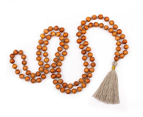 Bodhi Mala Kette mit Sandelholz-Duft und farbiger Quaste in silbergrau, 108 Perlen