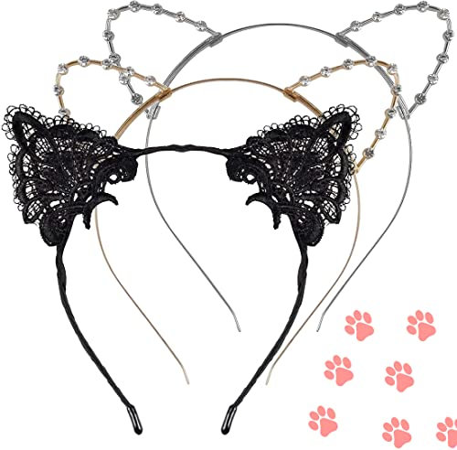 3 Pièces Serre Tete Chat, FUKPO Serre Tete Oreille de Chat Cosplay Serre-Tête Dentelle Sexy Noir pour Femme Filles, Bandeau Cheveux Chat Métal Strass Argent Doré pour Halloween Accessoires Fête