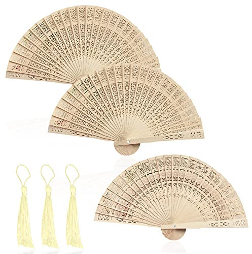 3 abanicos plegables de madera de 8 pulgadas y 3 borlas blancas, abanicos de madera plegables chinos tallados huecos, abanicos de madera portátiles con borlas regalos para festivales cumpleañosfiestas