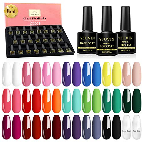 YSUVIN 23 Stück Gel Nagellack, UV Nagellack & Unterlack & Überlack, Weiß Pink Lila Blau Grün Orange Grau Schwarz Braun Soak-off UV Gellack für Anfänger DIY Nail Art Maniküre Salon, 8ML