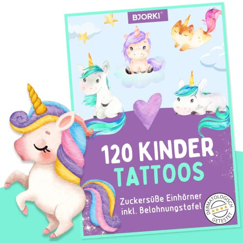 BJORKI® 120 hautfreundliche Tattoos für Kinder - Vegan - EU geprüft & dermatologisch getestet - Kindertattoos Mädchen - Tattoo Set Einhorn