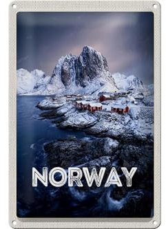 FEMER Blechschild Reise 20x30cm Norwegen Winterzeit Frost Kälte Meer