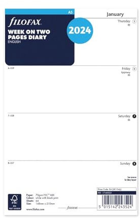 Filofax Terminplaner 2024 Wochenplaner 2024, A5, Englisch, Weiß
