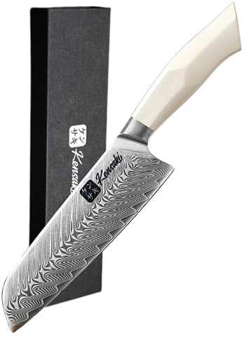 Kensaki Santoku Messer aus Damaszener Stahl Küchenmesser Japanischer Art hergestellt aus 67 Lagen Damaststahl | Weißer G10 Griff - Shiro Serie
