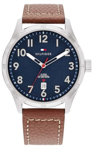 Tommy Hilfiger, Forrest Herren-Armbanduhr mit marineblauem Zifferblatt, braunes Rindsleder, 1710559, blau, modern