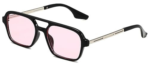 WDZAYXC Trendy Vintage Square Sonnenbrille für Damen und Herren Metall Design,UV 400 Schutz(Schwarz/Rosa)