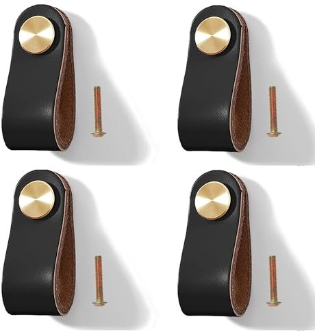 Yuaaoh Boutons de Meuble en Cuir 4 Pièces - Poignée de Tiroir, Porte de Placard, Commode avec Vis pour Cuisine, Chambre, Salle de Bain - Trou Unique (Noir)