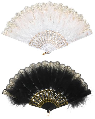 Namvo Pack of 2 Women's Fan Feather 1920s Vintage Style Folding Handheld Feather Fan Folding Feather Fan for Party Costume Decoration