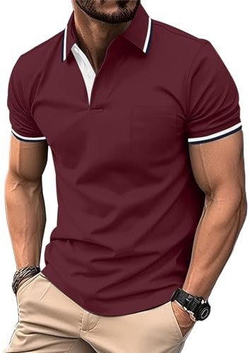 zitysport Poloshirt Herren Kurzarm Shirt Atmungsaktives Golf Polo Shirt Männer Sommer Shirts Sport Basic Slim Fit Tshirt mit Brusttasche Polohemd(Weinrot-L)