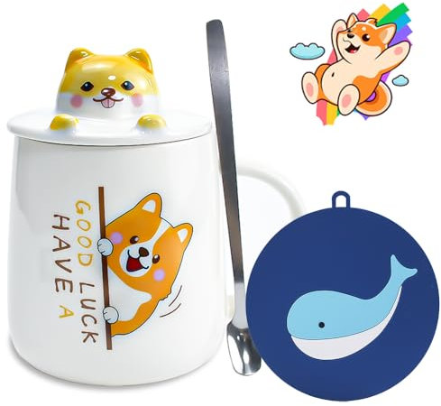 CAREDGO Tazza Ceramica con Coperchio Tazzina Caffè con Cucchiaino tazza in Ceramica 400 ml Mug Ceramica Bianca con Simpatico Shiba Inu Tazza per ufficio e Casa, con 1 sottobicchiere