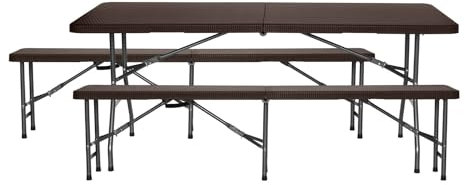 Conjunto Plegable Mesa con 2 Bancos de 180cm Catering Marrón Efecto Ratán 7house