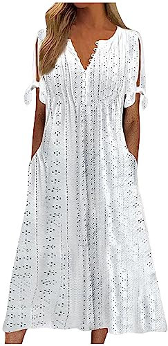 Ansenesna Sommerkleid Damen Leicht Damen Kleider Sommer Elegant Kleid Mit Knopfleiste Vorne Luftige Sommerkleider Wadenlang Leichte Midikleid Frauen Kurzarm Weite Strandkleid Damenkleider Midi