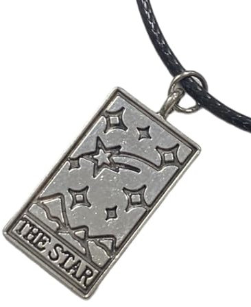 Handmade Tarot Card Antique Silver Pendant Black Wax Cord Necklace - Sun, Moon Or Star (The Star)