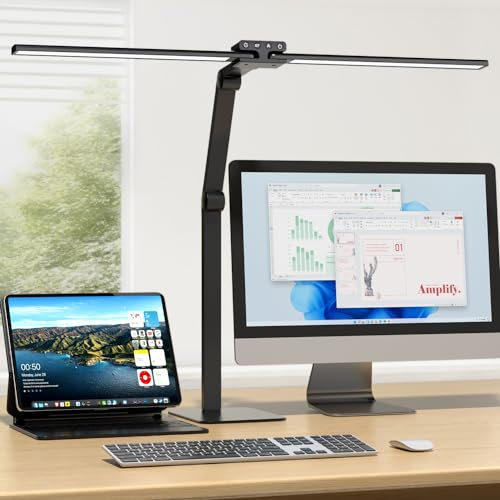 KableRika Desk Lamp for Office, 24W Double Head LED Desk Lamp with Base, Task Table Lamp for Study Work, Dimmable Architect Desk Light, Modern Monitor Light Bar with Timer for Workbench Lighting