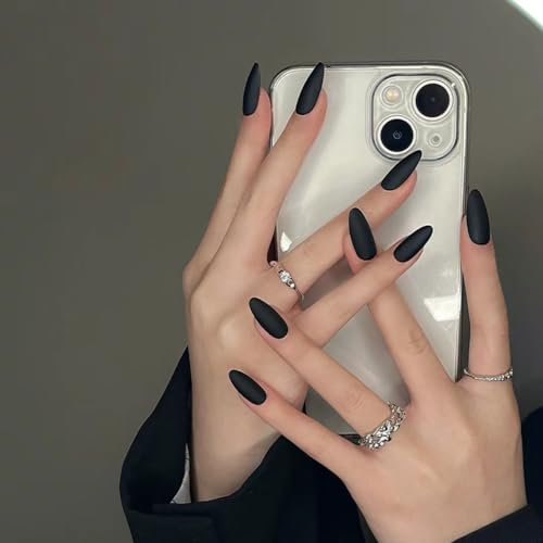 Ztcily Faux ongles Long Noir Mat, Faux ongles Amande Noir avec Colle Pour Femme Fille, Accessoire ou Idée Cadeau Mariage Anniversaire Noël Saint Valentin