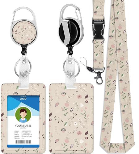 bolimoss Umhängeband mit Blumenmuster, mit Kartenhalter für Hals, Schiebe-Ausweishalter, niedliche Blume, Kunststoffhülle mit einziehbarem Ausweishalter, Karabinerhaken und Umhängeband, harter