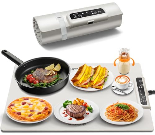 INNOWARMER Bandeja Calefactora Eléctrica, Silicona Plegabl Calentador Eléctrico de Alimentos con Ajustes de Temperatura Temporizador, Calentador de Comida Portatil para Bufés,Familia,Fiestas (Blanco)
