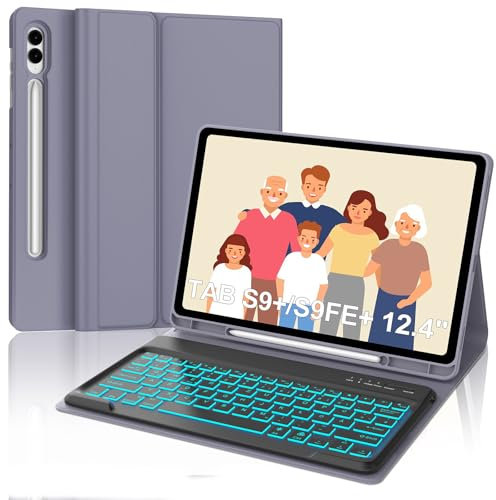 Tastatur für Samsung Galaxy Tab S10+/S9FE+/S9+, Hülle Tastatur Kompatibel mit Samsung Tab S9/S9FE/S10 Plus 12.4 Zoll 2023/2024, 7-Farbige Beleuchtung Bluetooth Magnetisch mit QWERTZ Layout, Viola