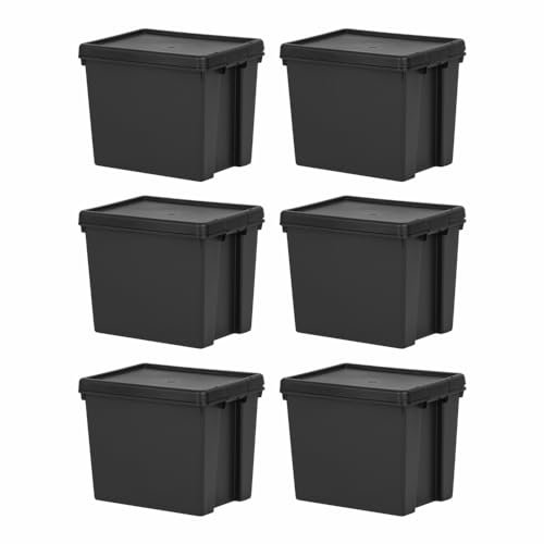 (Set of 6) 24L Litre Black Wham Bam 100% Recycled Plastic Containers Airtight Snap Lid Stackable Heavy Duty Storage Box Organizer For Toys Shoes Garage Home Office Eco-Friendly Bulk Storage Solutions