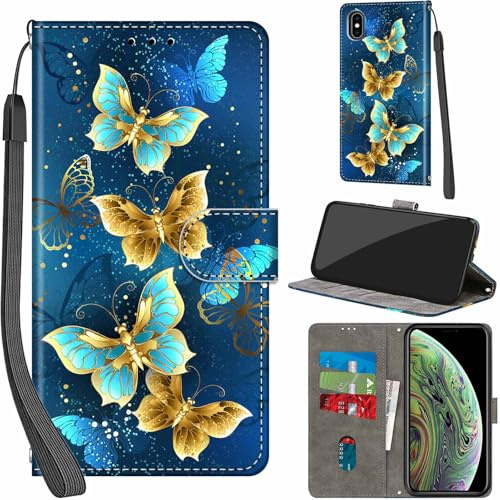 Haninsuze Case for iPhone XS/X, Four Butterfly | PU Leather, 3 Card Holder, Wallet Book Flip, Folio Stand View, Magnetic, Multi-Pattern Cover, Lanyard Strap